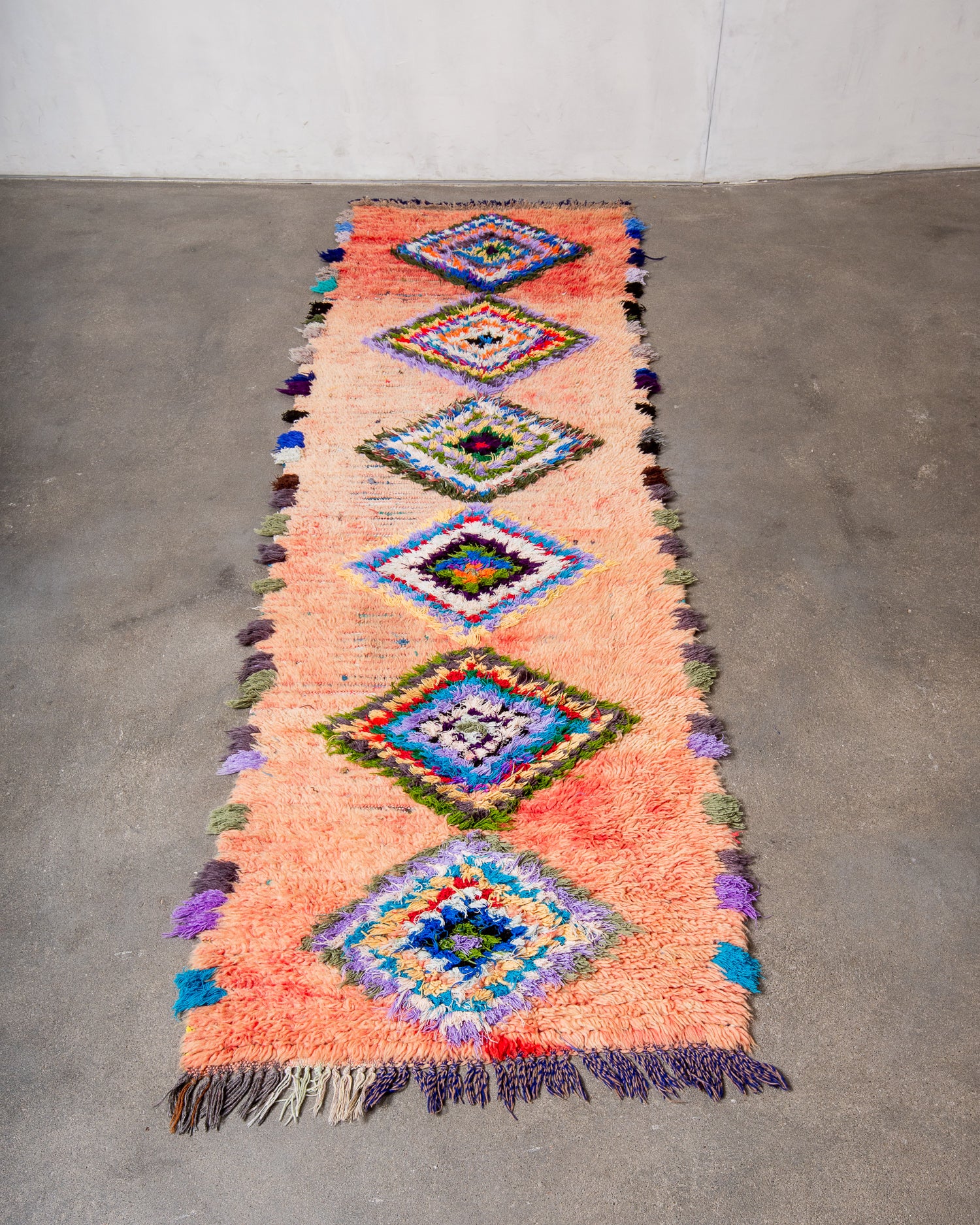 Modern, designer, handcrafted Berber runner rug from Morocco. Vintage carpet with beautiful colours and patterns and fluffy texture.